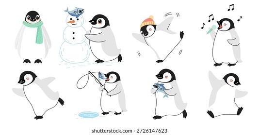 Lindo juego de personajes de pingüino con accesorios de invierno y actividades divertidas
