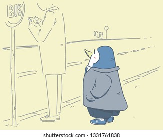 A cute penguin character standing in a line at a bus stop. hand drawn style vector design illustrations. 