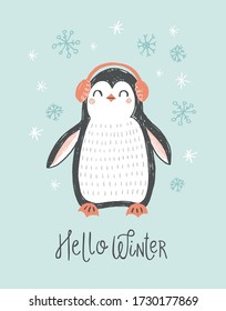 Cute penguin character vector illustration. Christmas hand drawn penguin in winter earmuffs with snowflakes. Winter holiday greeting card design.