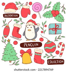 cute penguin character waving hand.  christmas icons collection with colorful doodle style