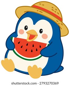 Cute penguin character wearing a straw hat eating a fresh watermelon slice on a hot summer day