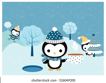 Cute penguin characters with hats, scarves, skates in winter landscape scene with trees and snow for Christmas and New Year greeting cards