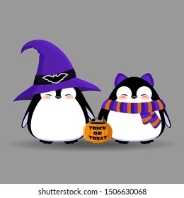 Cute penguin characters isolated on grey background. Happy baby penguins in Halloween purple witch hat, scarf and cat ears with pumpkin basket. Trick or treat.