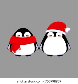 Cute penguin characters isolated on grey background. Happy baby penguins in Christmas hat and scarf.