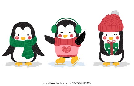 Cute penguin characters on Christmas in winter