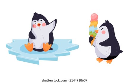 Cute penguin characters set. Adorable penguins sitting on ice and eating ice cream cartoon vector illustration