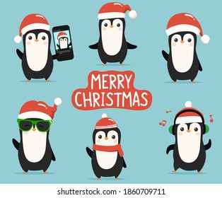 Cute Pinguin-Zeichen gesetzt mit fröhlichen Weihnachtsnachten Nachricht.Um die anderen Vektorgrafiken süße Pinguin-Illustrationen zu sehen, schauen Sie bitte in der Weihnachtskollektion nach.