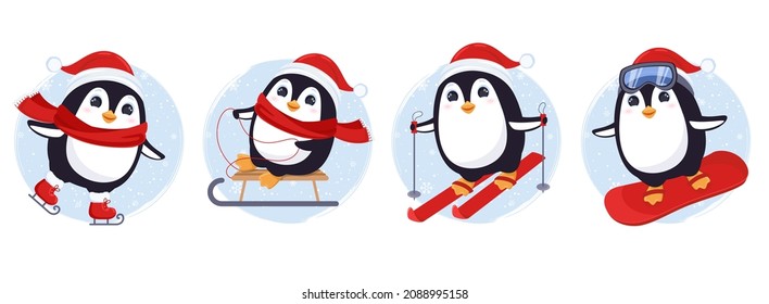 Cute penguin characters set with Santa hat skates, skiing, sledding, snowboarding.