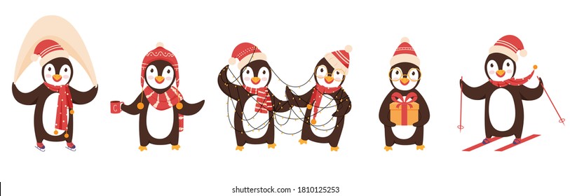 Cute Penguin Characters Wearing Woolen Hat and Scarf in Different Poses.