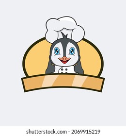 Cute Penguin Chef and Cooking Theme. Mascot, Character, Logo, label, And Icon. Vector and Illustration.