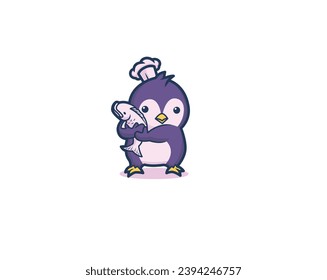 Cute penguin chef holding a fish