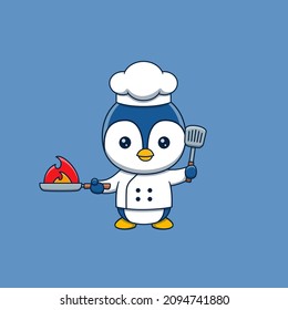 Chef de pingüino con espátula y sartén frito en llamas