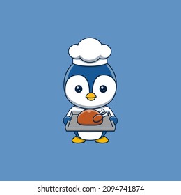 Un chef de pingüino con una bandeja de pollo asado