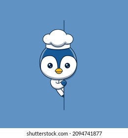 Cute penguin chef peeking out behind blank sign