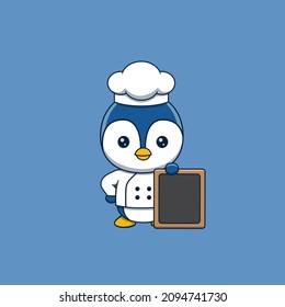 Cute penguin chef standing beside an empty signboard