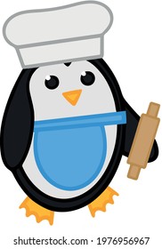 A cute penguin in a chefs cap with a vest and a rolling pin. Vector illustration. The image of a penguin isolated on a white background.