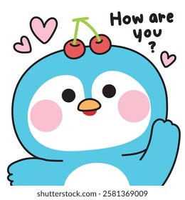 Cute penguin with cherry fruit.How are you.Heart.Polar bird animal character cartoon.Image for card,sticker,baby clothing,print screen.Kawaii.Vector.Illustration.