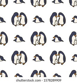 Cute Penguin and Chick Cartoon Seamless Vector Pattern. Hand Drawn Antarctic Fauna Tile. Print for North Pole Wildlife Blog, Safari, Bird, Cold Animal Graphic. Adorable Kids Illustration Home Decor. 