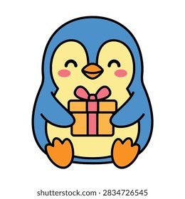 A cute penguin chick holding a wrapped gift box.