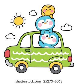 Lindo pingüino y pollo se quedan en el coche verde con el sol y la nube.Traffic.Vehicle.Bird animal de granja personaje de dibujos animados dibujado a mano design.Kawaii.Vector.Illustration.