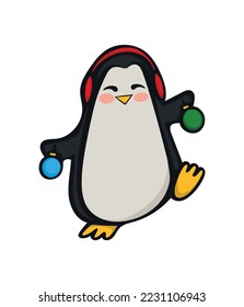 Cute penguin with Christmas balls in paws. Vector illustration. Design element isolated on white background. Image of penguin for design of posters menu brochure sites