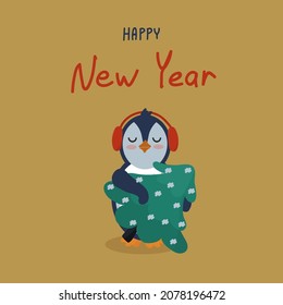 Cute Penguin Christmas card. Festive illustration with the inscription New Year. An animal with a Christmas tree in winter on gold . Vector illustration