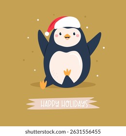 Cute Penguin Christmas Card. Happy Holidays Illustration with Adorable Animal for Seasonal Greetings
