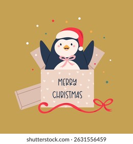 Cute Penguin Christmas Card. Happy Holidays Illustration with Adorable Animal for Seasonal Greetings