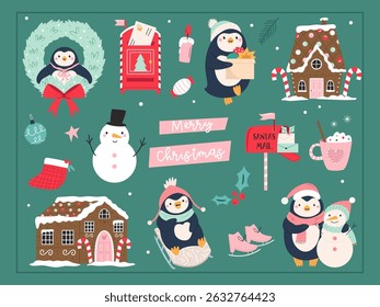 Cute Penguin Christmas Card. Happy Holidays Illustration with Winter Elements. Seasonal Greeting Card