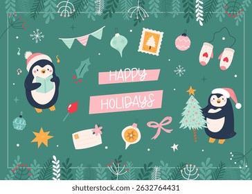 Cute Penguin Christmas Card. Happy Holidays Illustration with Winter Decorations. Seasonal Greeting Card