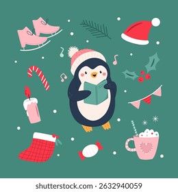 Cute Penguin Christmas Card. Happy Holidays Illustration with Winter Decorations. Seasonal Greeting Card