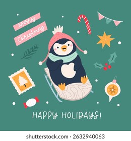 Cute Penguin Christmas Card. Happy Holidays Illustration with Winter Decorations. Seasonal Greeting Card