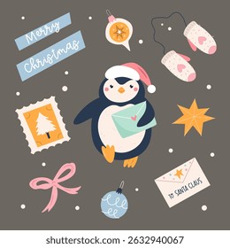 Cute Penguin Christmas Card. Happy Holidays Illustration with Winter Decorations. Seasonal Greeting Card