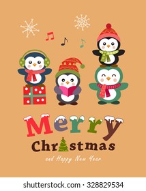 Cute penguin christmas card and poster design. Vector illustration.