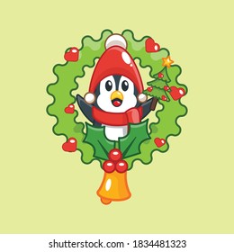 Cute Penguin Christmas Cartoon Vector Illustration Design. Christmas Icon Concept. Flat Cartoon Style Suitable for Web Landing Page, Banner, Sticker, Background