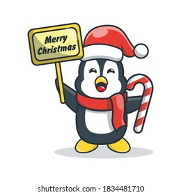 Cute Penguin Christmas Cartoon Vector Illustration Design. Flat Icon Concept. Flat Cartoon Style Suitable for Web Landing Page, Banner, Sticker, Background