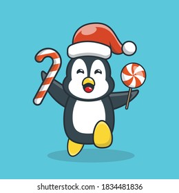 Cute Penguin Christmas Cartoon Vector Illustration Design. Flat Icon Concept. Flat Cartoon Style Suitable for Web Landing Page, Banner, Sticker, Background