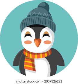 Cute Penguin Christmas Character Wearing a Scarf Vector Cartoon. Funny winter mascot character wearing cold weather fashion accessories
