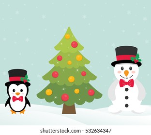 cute penguin with christmas fir tree and snowman