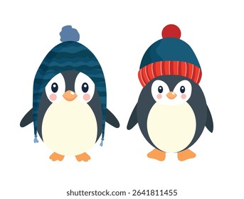 Cute Penguin, Christmas. Flat vector clipart, illustration with isolated background.