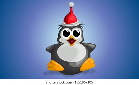 Cute penguin in a Christmas hat funny lying on his back in a vector cartoon style
