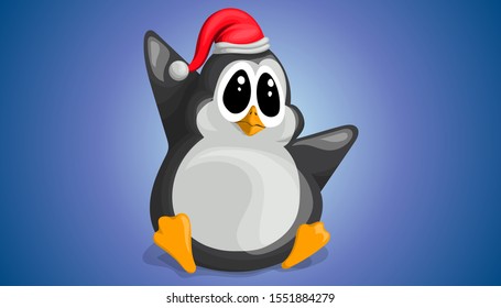 Cute penguin in a Christmas hat funny waving paw in vector cartoon style