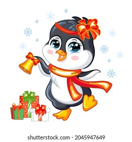 Cute penguin in a Christmas hat with gifts and snowflakes. Cartoon bird character. Vector cartoon isolated illustration. For postcard, posters, design, greeting card, stickers, decor, kids apparel