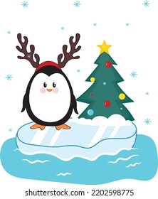 Cute penguin with christmas hat and pine tree