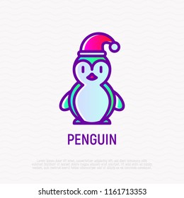 Cute penguin in Christmas hat. Thin line icon. Modern vector illustration.