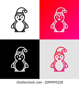 Pingüino lindo en sombrero de Navidad. Icono de línea delgada. Ilustración vectorial moderna.