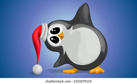 Cute penguin in a Christmas hat waving his paw in a vector cartoon style.