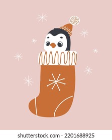 Cute penguin in Christmas sock. Merry Christmas. Vector print for children room, fabric, paper, greeting card, postcard, card, t shirt, poster, textile. Vector illustration