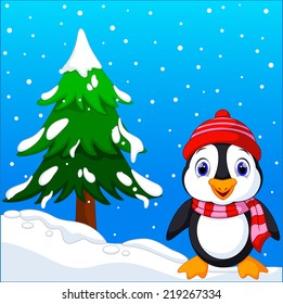 Cute penguin with christmas tree background and winter