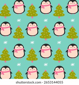 Cute penguin with Christmas tree and snowflakes. Winter Christmas seamless pattern for greeting card or wrapping paper. Vector.